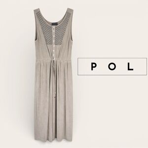 POL Boho Embroidered Mineral Wash Midi Dress Vintage Gray L Crochet Yoke Tie